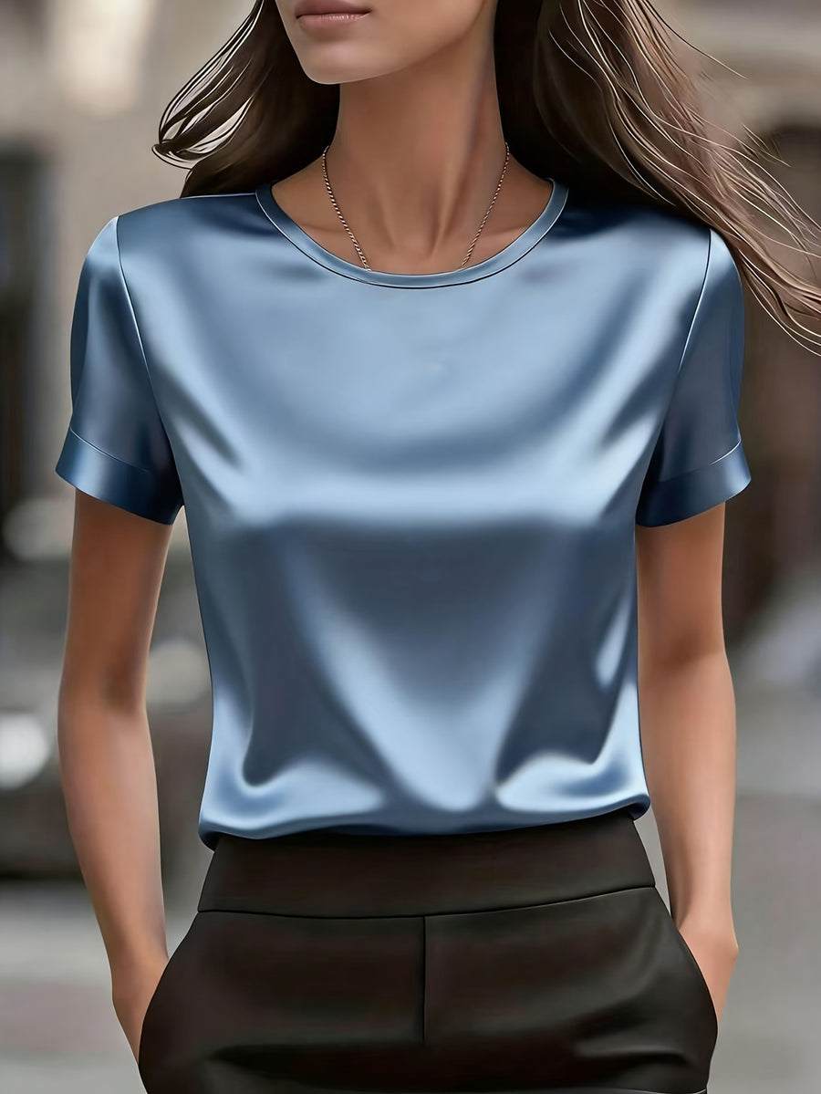 Women's Simple Round Neck Short Sleeve T-Shirt - Satin Texture, Ideal for Mother's Day & Independence Day Commute, Suitable for Spring & Summer Office & Casual Looks, Luxury Style Outfit - cyan blue