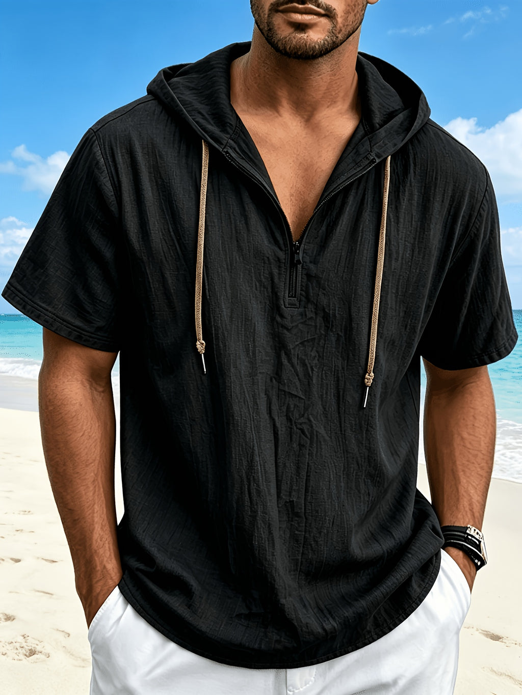Men'S Linen Hooded Short Sleeve T-Shirt, Lightweight Breathable Ice Cool Half-Zip Design, Casual Solid Color Loose Top, Summer New Multicolor Optional, Versatile Hoodie - Black