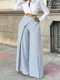 Women'S New Striped Elegant Commuter Wide-Leg Pants, Drapey Flared Overlap-Shrouded Temperament High-Waist A-Line Trousers - Mixed colors