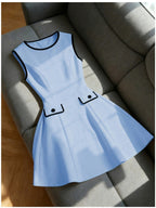 Elegant, Exquisite and Fashionable Women's Sleeveless Round Neck Waist-cinching A-line Bridesmaid DressAdopts Black Edge Binding Design, with Decorative Front Pockets Embellished with ButtonsSuitable for Daily Commute, Dating Outfits - Blue