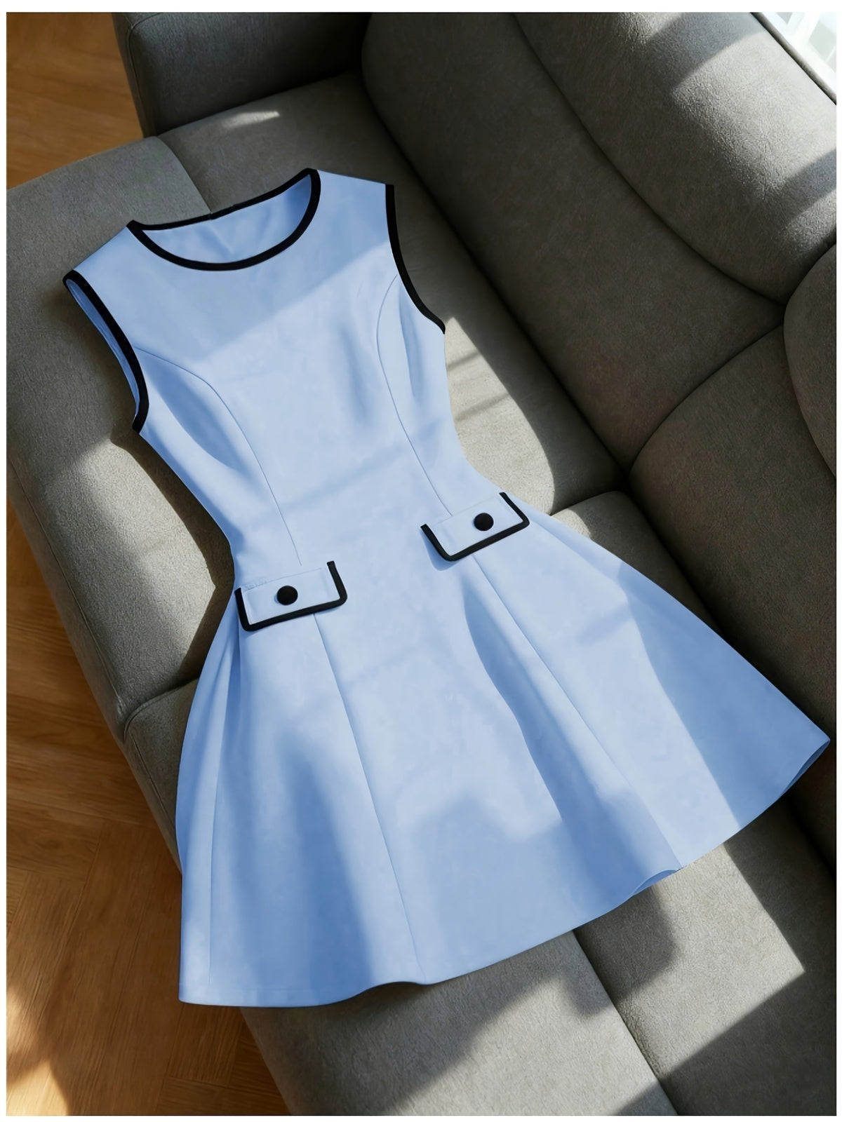 Elegant, Exquisite and Fashionable Women's Sleeveless Round Neck Waist-cinching A-line Bridesmaid DressAdopts Black Edge Binding Design, with Decorative Front Pockets Embellished with ButtonsSuitable for Daily Commute, Dating Outfits - Blue
