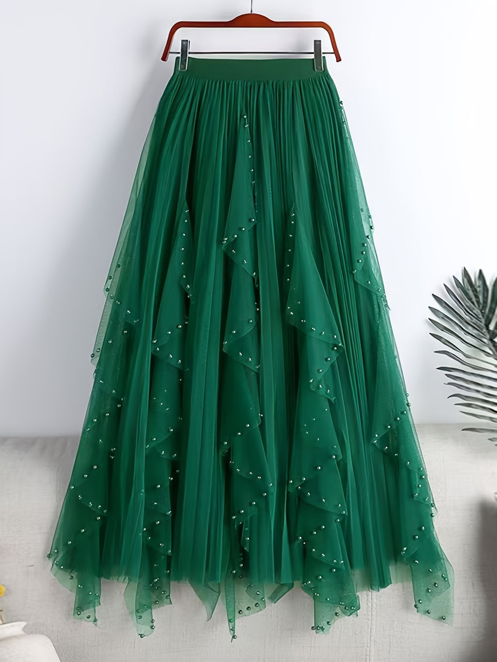 Spring New Women'S Clothing Summer Ladies' Spring Clothing Women'S Summer Clothing Beaded Pleated Mesh Skirt - Green