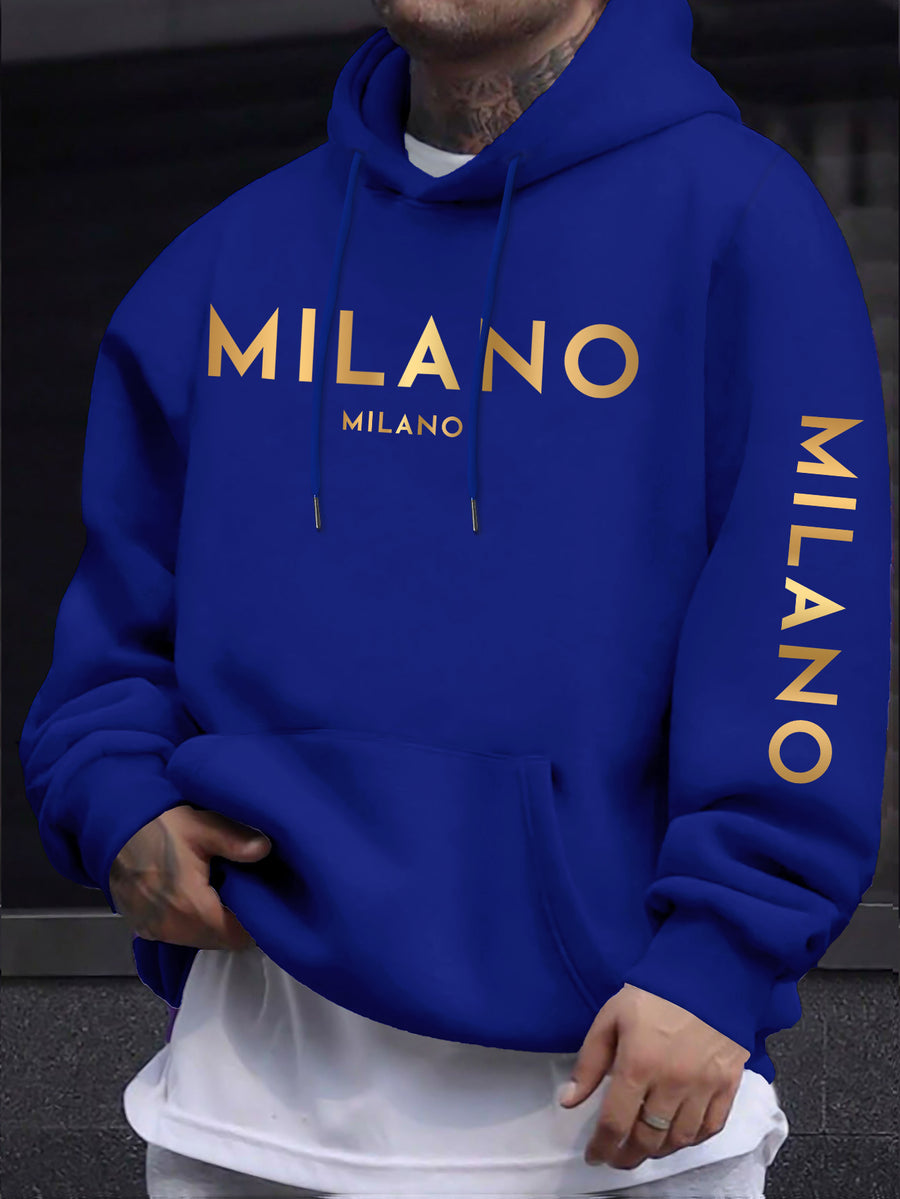 Fashion Casual Style Easy Gradient Letter Pattern Men'S Hoodie, Men'S Long Sleeve Hooded Sweatshirt - Blue