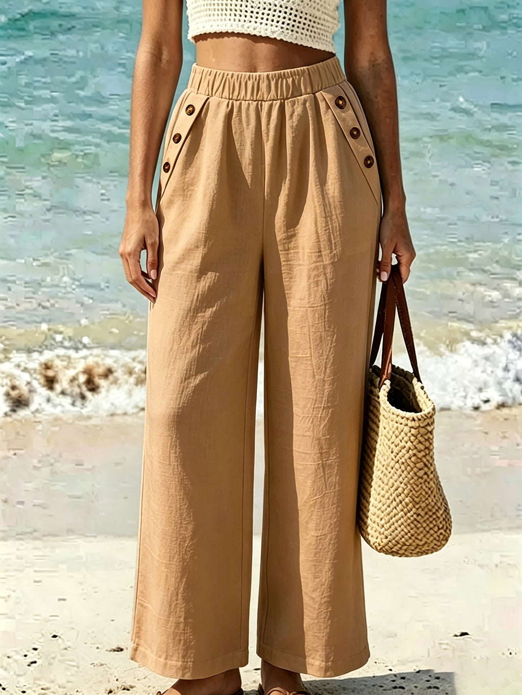 New Beautiful Women'S Elegant Solid Color Long Pants, with Elastic Waist And Pockets, Suitable for Commuting, Vacation, Street Fashion, Casual Afternoon Tea, And Daily Wear, Fashionable And Elegant Style - Khaki