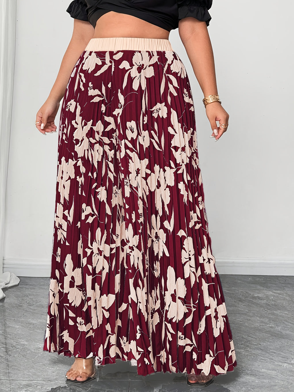 Plus Size - Elegant Floral Print Wide Leg Pants for Women | Non-Stretch Fabric, Pleated Detail, Loose Fit, Suitable for Spring/Fall Season - Burgundy