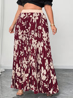 Plus Size - Elegant Floral Print Wide Leg Pants for Women | Non-Stretch Fabric, Pleated Detail, Loose Fit, Suitable for Spring/Fall Season - Burgundy