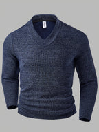 Easy Urban Style Multicolor Knit Textured Fabric Men'S V-Neck Long Sleeve Pullover Top, Solid Color Slim Fit And Ribbed Collar Design, Suitable for Daily Commute, Business Casual, Layering And Autumn Winter Wear - Royal Blue