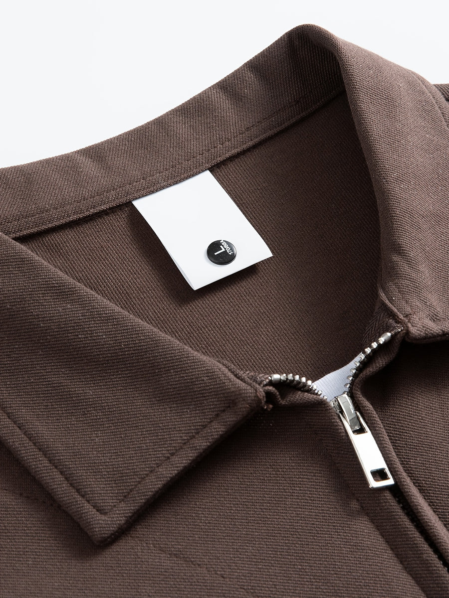 Summer Men'S Top, Solid Color Zipper Placket, Casual Lapel Polo Shirt - Mocha Brown