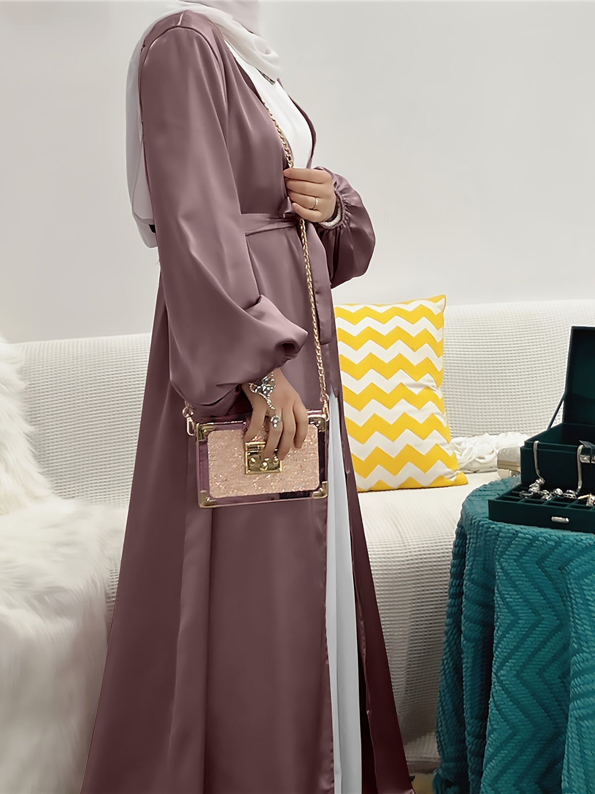 Cross-Border Muslim Women's Satin Bubble Sleeve Robe, Elegant Dubai Middle East Cardigan - Camel