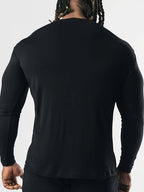 Men's Spring/Autumn Long-Sleeve Shirt T-Shirt - -Compatible Suitable for Casual & -Casual Wear, Round Neck -Fit Shirt, Machine Washable Non- Top for Daily Office, Semi-Formal Outfits (No Belt) - Black