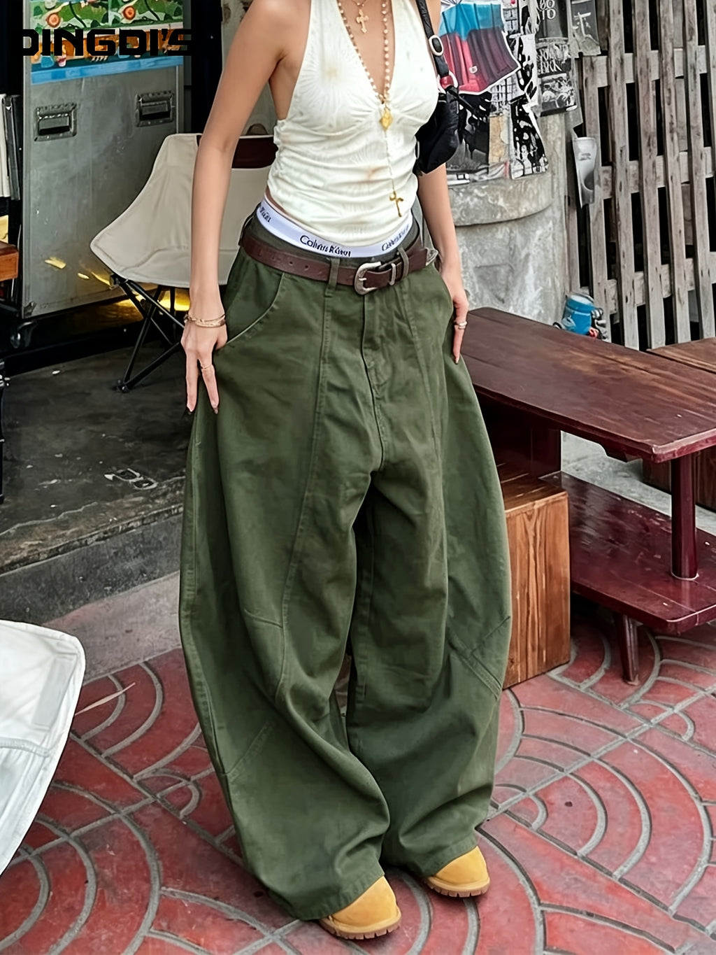 Women'S New Elastic Waist Cuffed Jeans, Street Trendy Boyfriend Style Floor-Length Trousers, Patchwork Design with Pockets, Mid-Rise Classic Loose Denim Pants, Casual Military Green Comfortable Fit Long Pants, All-Season Wear - Military Green