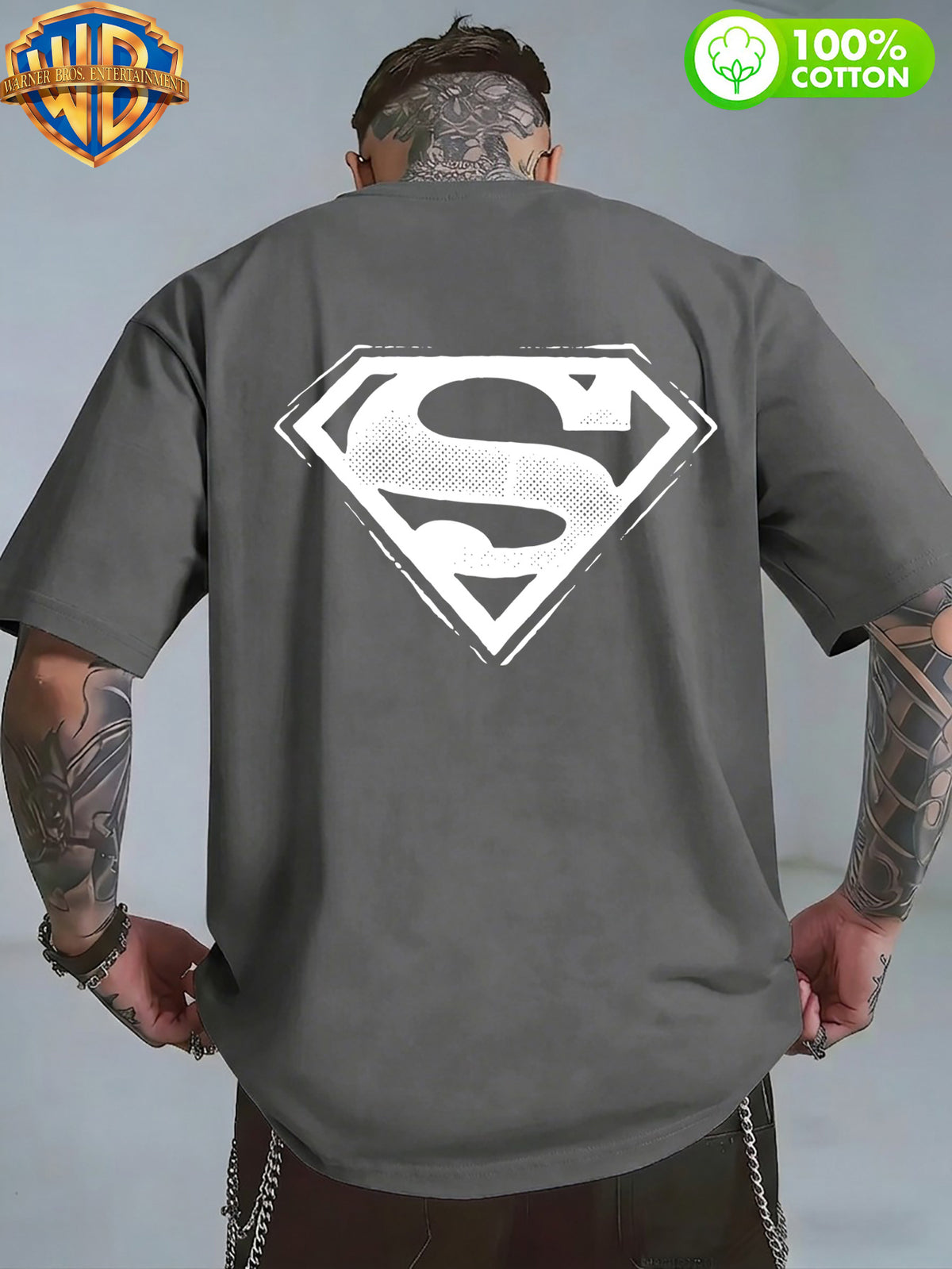 1pc WB Warner Bros. Official DC Superman Icon T-Shirt - Men's & Unisex Vintage Print, 100% Cotton Loose Fit Short Sleeve Tee with Superman, Casual Round Neck Shirt Suitable for Gym, Office, Daily Wear - Father's Day Gift for - Dark Gray