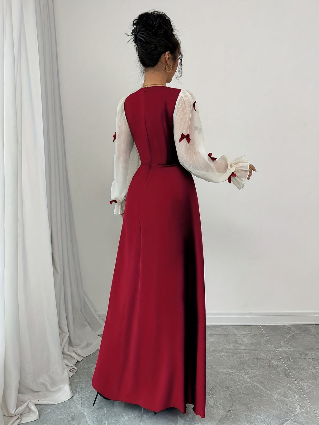 Elegant Long-Sleeve Maxi Dress with a Solid Color Bow Decoration for Valentine'S Day Party - Burgundy