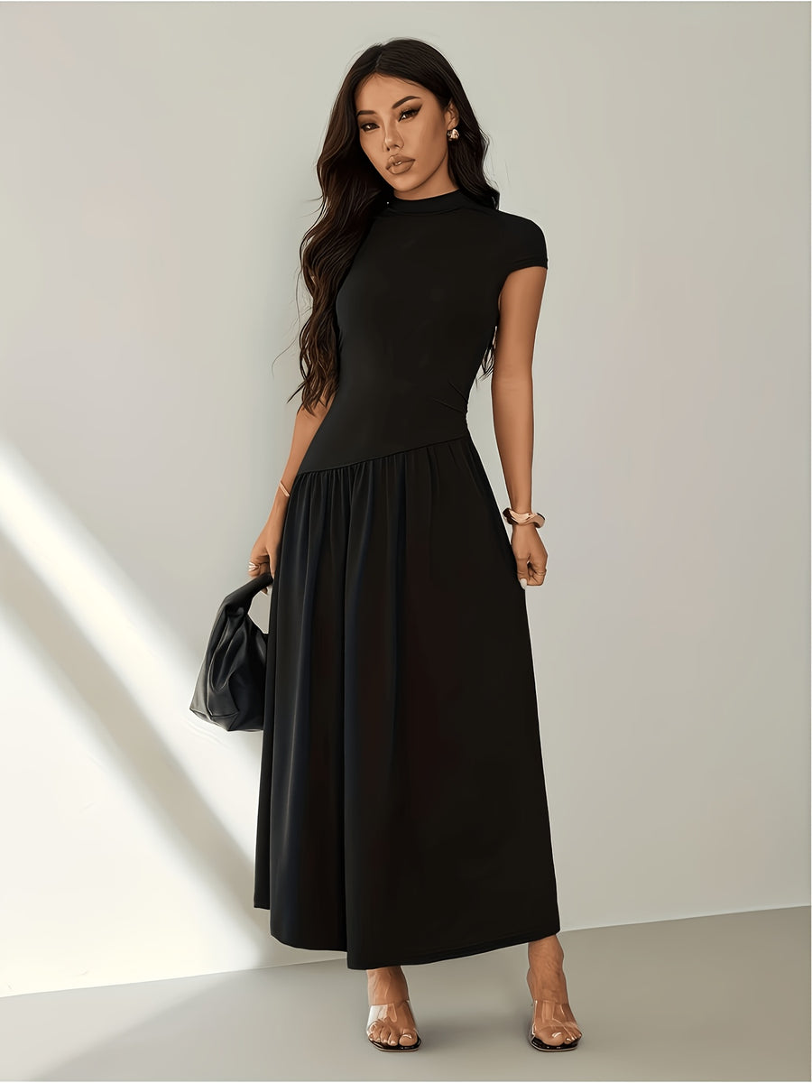 Women's Solid Color Stand Collar Puff Sleeve Pleated Long Casual Dress, Summer Dress - Black