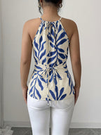 Women'S Casual Vest, Plant Print Cross Back Tie Off-Shoulder Vest, Suitable for Shopping, Vacation, Beach, Travel, Casual Wear - Blue