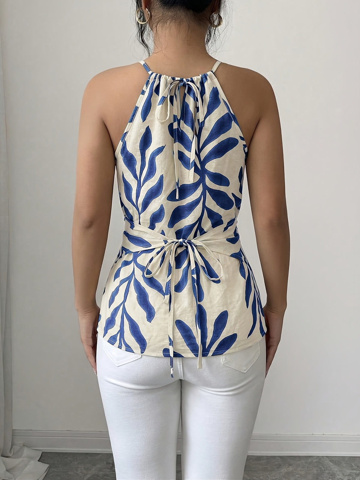 Women'S Casual Vest, Plant Print Cross Back Tie Off-Shoulder Vest, Suitable for Shopping, Vacation, Beach, Travel, Casual Wear - Blue
