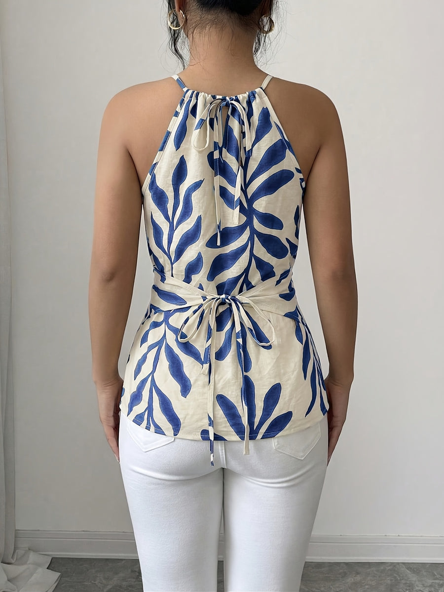 Women'S Casual Vest, Plant Print Cross Back Tie Off-Shoulder Vest, Suitable for Shopping, Vacation, Beach, Travel, Casual Wear - Blue