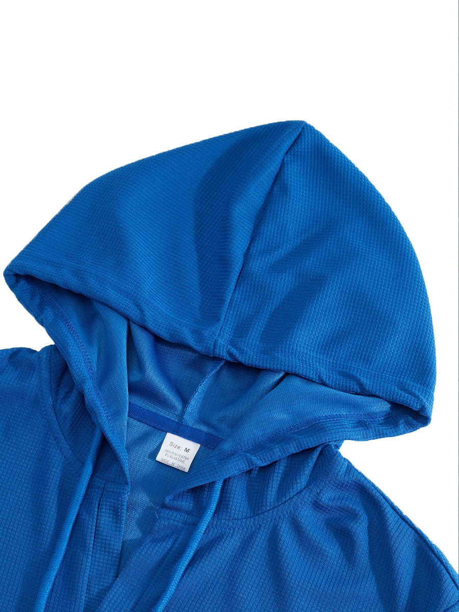 Men'S Waffle Knit Hooded Short Sleeve T-Shirt, Plaid Cuffs Henley Hooded Top, Summer Street Style Casual Wear, Gift for Festive Occasions - Royal Blue
