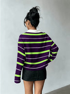 [Printed Design – Not Textured] Women's New Long-Sleeve Fashionable and Versatile Polo Shirt, American Vintage Striped Style in Black, Light Blue, and White Contrasting Horizontal Stripes with White Collar and Printed Long Sleeves. A Flattering - Purple