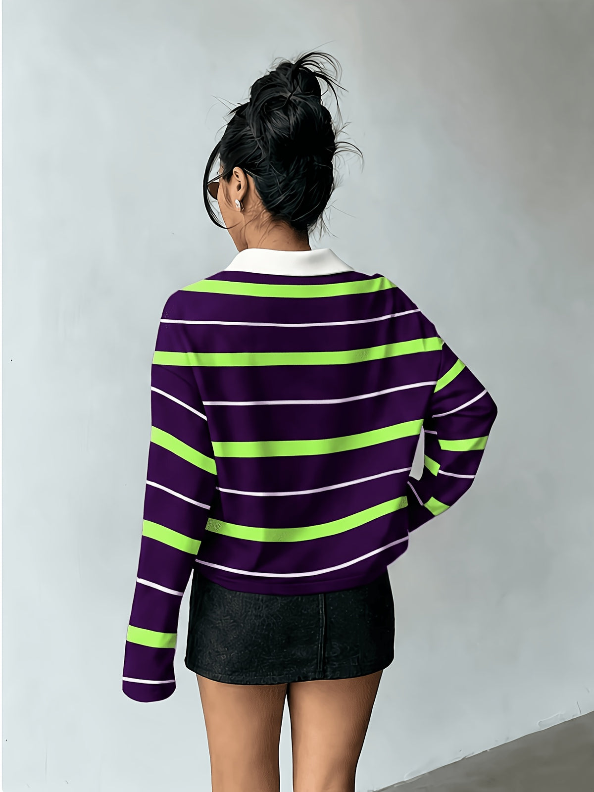 [Printed Design – Not Textured] Women's New Long-Sleeve Fashionable and Versatile Polo Shirt, American Vintage Striped Style in Black, Light Blue, and White Contrasting Horizontal Stripes with White Collar and Printed Long Sleeves. A Flattering - Purple