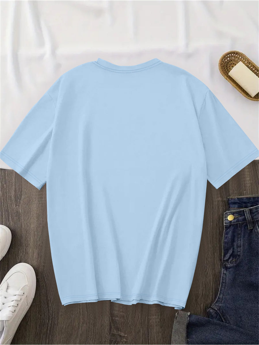 Spring And Summer Trendy Butterfly Print Women'S Casual Fashion Round Neck Short Sleeve T-Shirt, a Stylish Top for - Sky Blue