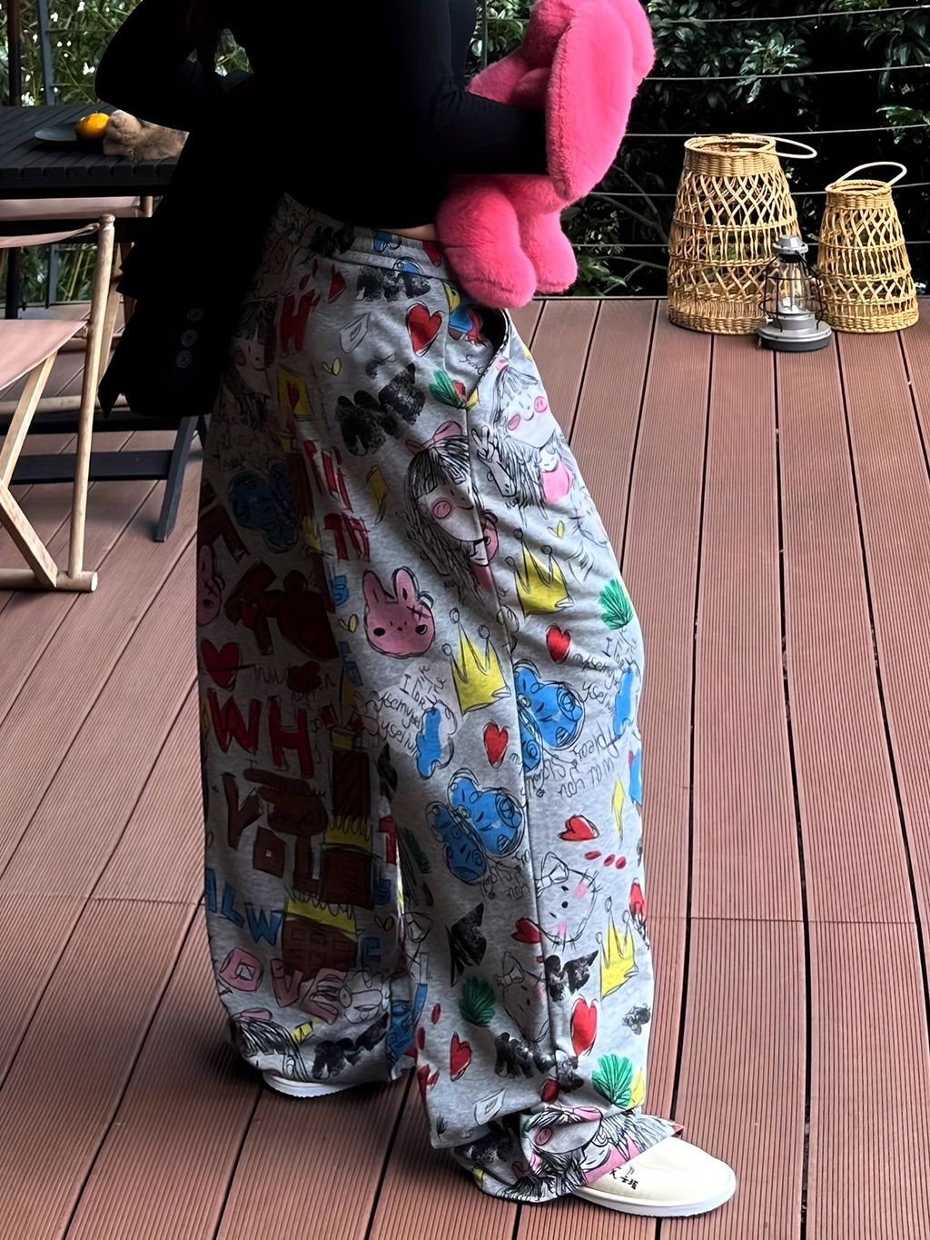 Printed Design – Not Textured, European and American Style Cartoon Print Women's Casual Loose High-Waist Drawstring Pocket Design Casual Pants, Long Pants, Wide-Leg Pants, Mixed Colors, Multiple Sizes Available - Mixed colors