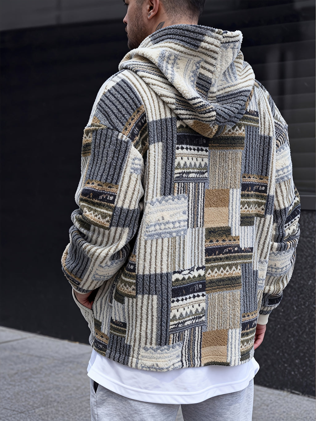 Men's Trendy Printed Hooded Zip-Up Plush Sweatshirt with Large Pockets, Soft, Comfortable, Thick, and Warm Fabric, Suitable for Daily Streetwear, Commuting, Casual Outings, Parties, and Social Gatherings, New Autumn/Winter Long-Sleeve Sweatshirt - Khaki