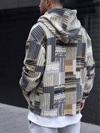 Men's Trendy Printed Hooded Zip-Up Plush Sweatshirt with Large Pockets, Soft, Comfortable, Thick, and Warm Fabric, Suitable for Daily Streetwear, Commuting, Casual Outings, Parties, and Social Gatherings, New Autumn/Winter Long-Sleeve Sweatshirt - Khaki