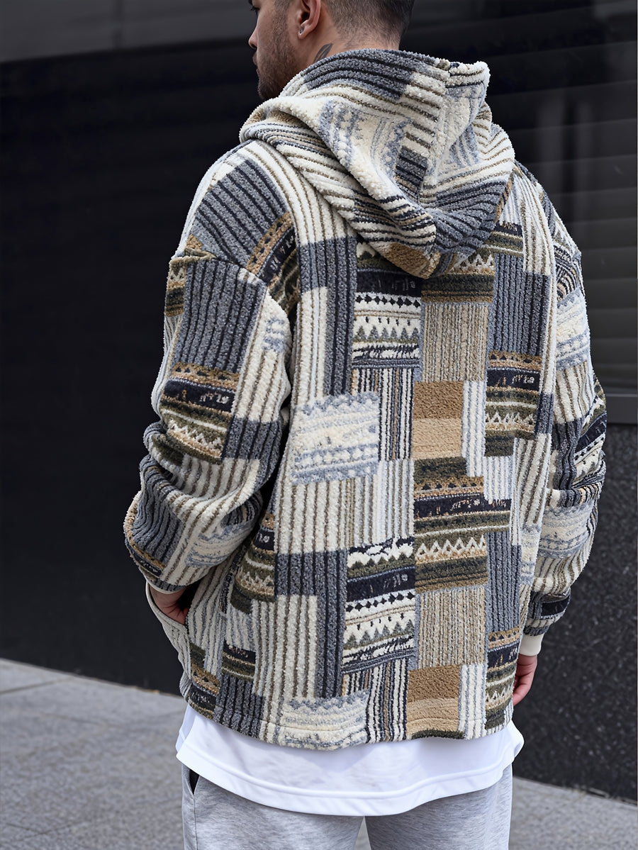 Men's Trendy Printed Hooded Zip-Up Plush Sweatshirt with Large Pockets, Soft, Comfortable, Thick, and Warm Fabric, Suitable for Daily Streetwear, Commuting, Casual Outings, Parties, and Social Gatherings, New Autumn/Winter Long-Sleeve Sweatshirt - Khaki