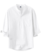Vintage Henley Collar Half-Button Short Sleeve Shirt with Open Front Design, Side Pocket Detail, Suitable for Daily Commute, Outings, And Casual Business Wear, Easy Solid Color Pullover Casual Shirt. Thin Breathable Casual 3/4 Sleeve Top - White