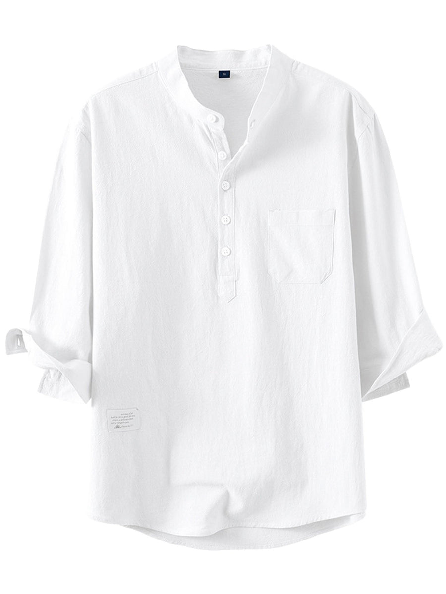 Vintage Henley Collar Half-Button Short Sleeve Shirt with Open Front Design, Side Pocket Detail, Suitable for Daily Commute, Outings, And Casual Business Wear, Easy Solid Color Pullover Casual Shirt. Thin Breathable Casual 3/4 Sleeve Top - White