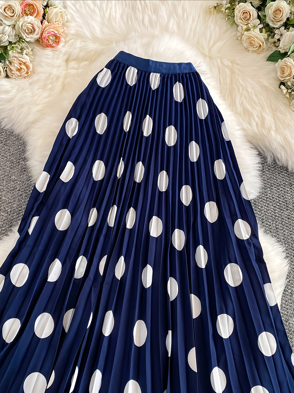 Women'S Elegant Pleated Long Skirt, Fashionable Versatile Polka Dot Half Skirt - Royal Blue
