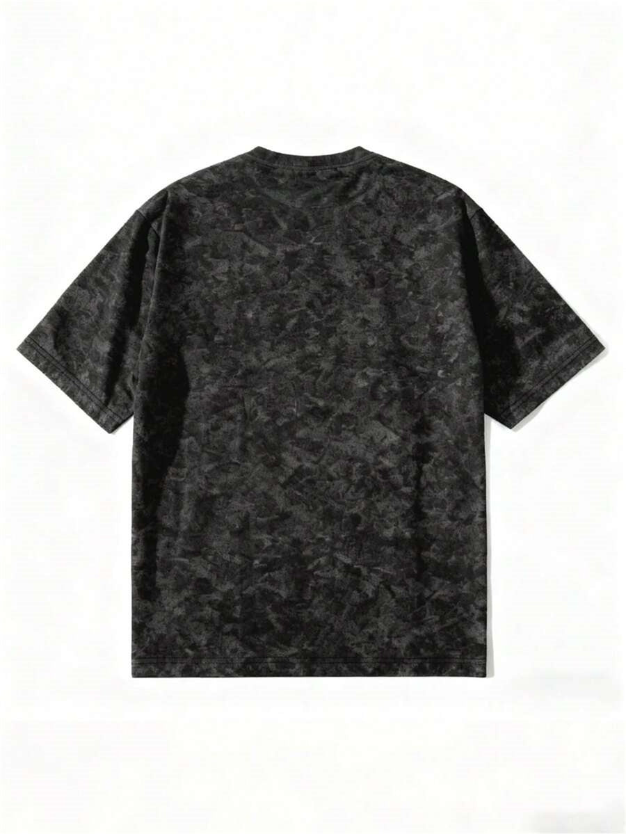 [Print Design - Non-Textured] Men'S Round Neck Drop Shoulder T-Shirt, Digital Print, No Texture, 100% Polyester, Sweat-Absorbent And Breathable, Men'S Washed Short Sleeve T-Shirt - Retro Distressed Style with Inspirational Slogan Print, Loose Fit - Black