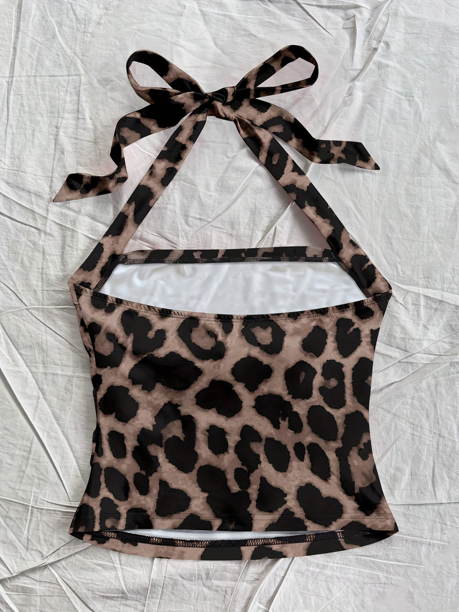 Women'S Fashionable Casual Camisole with Lace-Up Details, Leopard Print Pattern/Casual Style/Hanging Neck Collar, Adjustable Shoulder Strap Off-The-Shoulder/Camisole Collar, Summer Casual Beach Wear, Versatile Layering Items for All Seasons - Mixed colors