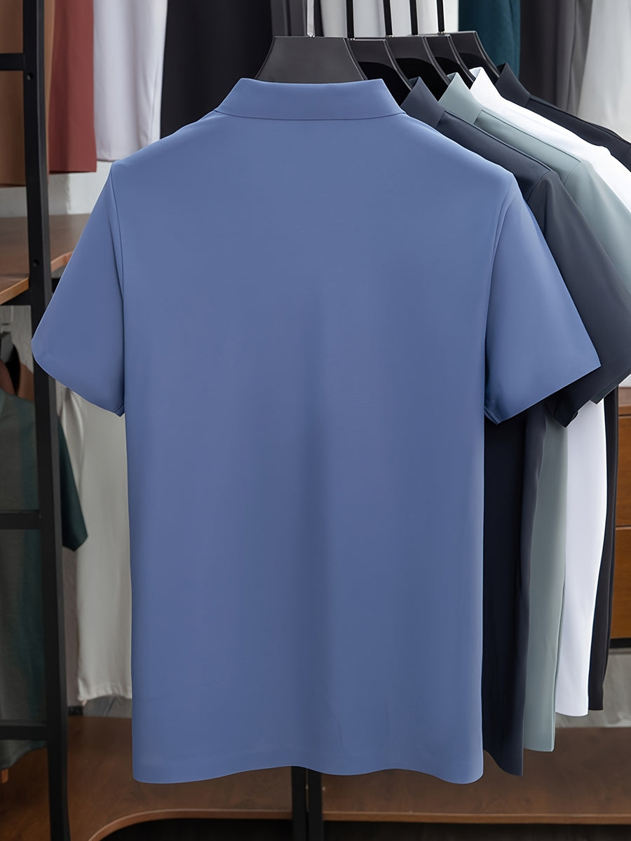 Men's Summer Short-Sleeve Half-Zip Lapel Polo Shirt - Solid Color T-Shirt Suitable for Casual & -Casual Wear, Breathable Half-Zip Collar, Short Sleeve Lapel Collar, Hand Washable Solid Color Polo Tee for Office or Everyday Outfits - Gray Blue