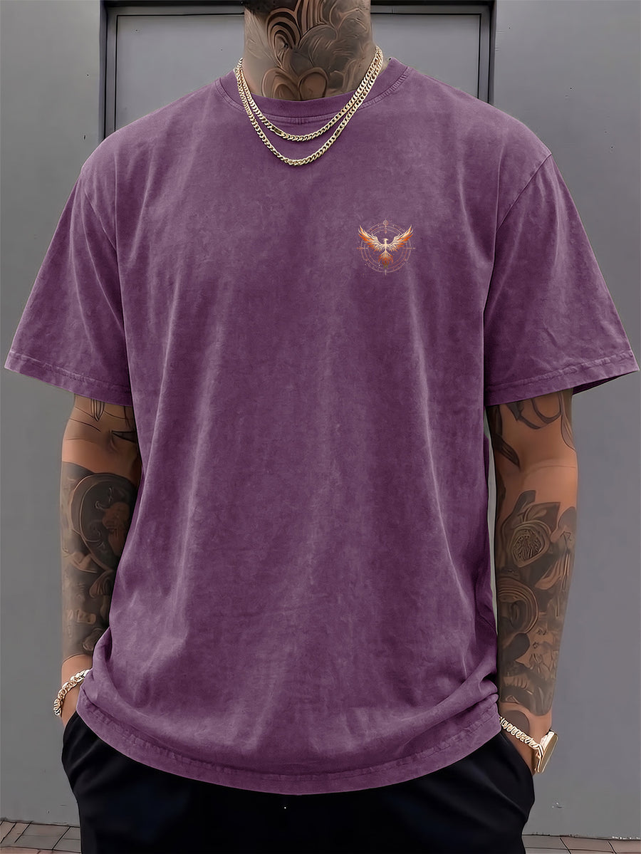 Men's Short-Sleeve T-Shirt, Pure Cotton Loose Fit Washed Distressed Top, Small Phoenix Compass Print, Trendy Print, 12 Colors for Mix and Match, American Street Style High Street Hip-Hop Couple's Outfit for Daily Streetwear, Commuting - Purple