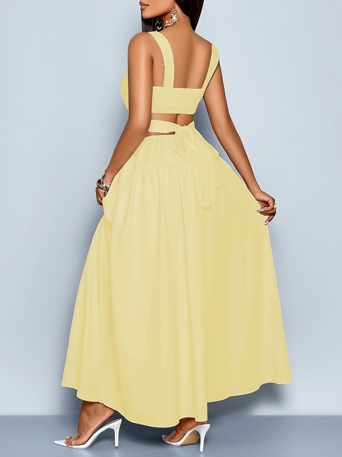 Women'S Elegant Square Neckline, Openwork Waist, Tie And Suspender Dress; Hawaiian Pleated Backless A-Line Skirt; Women'S Spring/Summer Dress; Elegant for Commuting, Casual Wear, Romantic Dates, Bridesmaid Dress - 【Light Yellow】