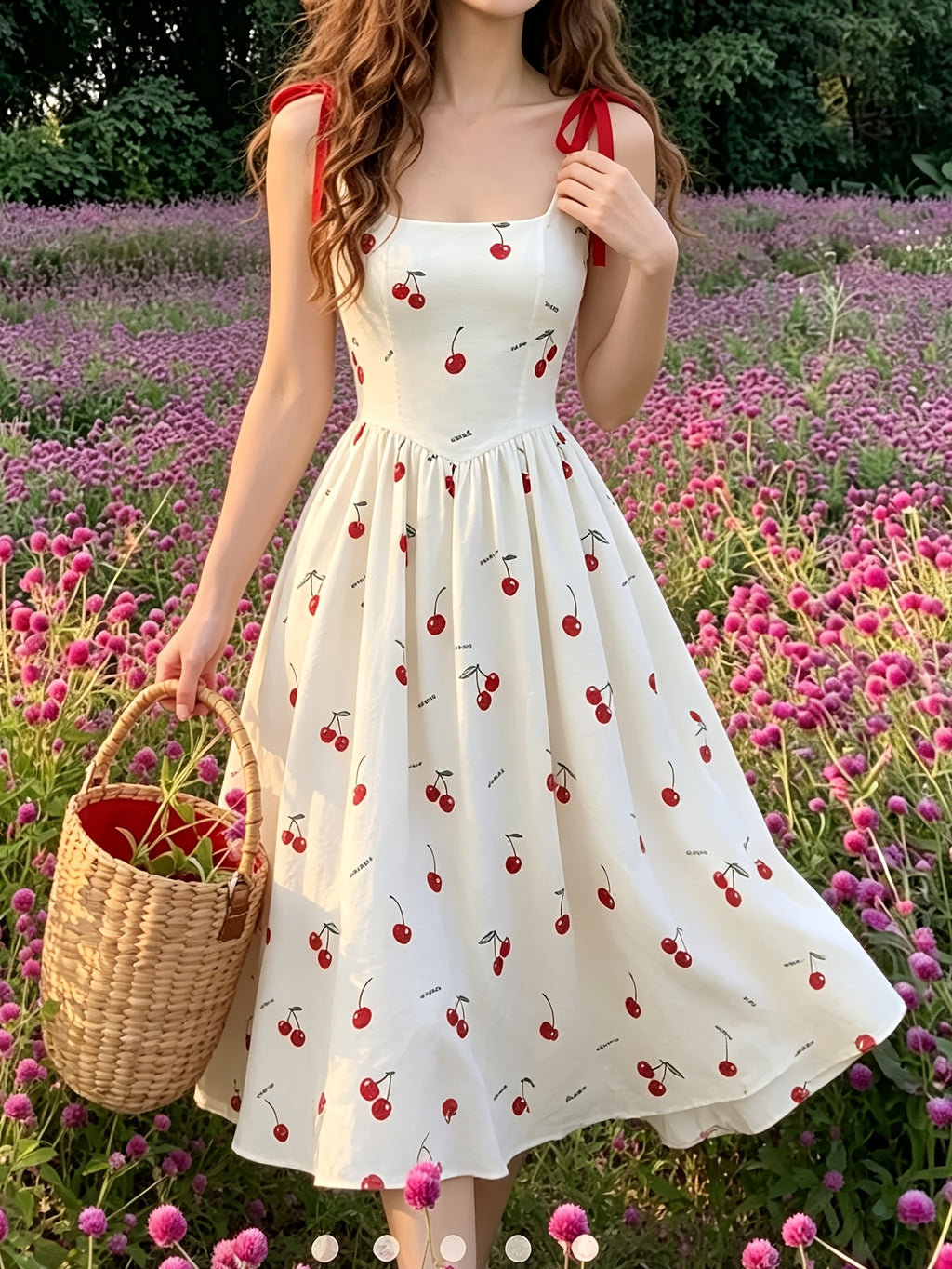 Square Neckline + Red Satin Ribbon Bow Shoulder Suspender Dress, Large A-line Mid-length Hem - White