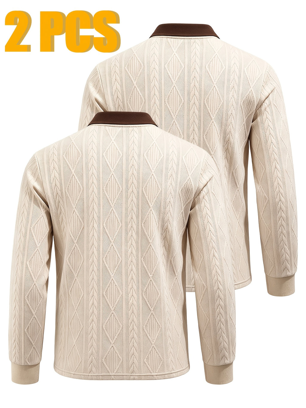 2pcs Men's Fashion Long-Sleeve Polo Shirt | High-End Contrast Color Lapel Jacquard Design T-Shirt | Essential Golf Polo Outfit | Breathable, Warm, Skin-Friendly, and Comfortable | for Indoor Gatherings and Outdoor Sports | Wardrobe Essential Casual - Apricot + Apricot