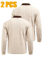 2pcs Men's Fashion Long-Sleeve Polo Shirt | High-End Contrast Color Lapel Jacquard Design T-Shirt | Essential Golf Polo Outfit | Breathable, Warm, Skin-Friendly, and Comfortable | for Indoor Gatherings and Outdoor Sports | Wardrobe Essential Casual - Apricot + Apricot