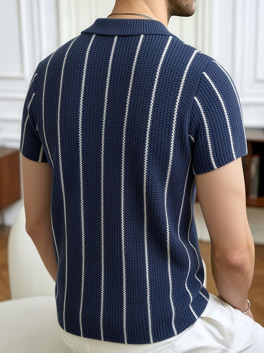 Spring Summer Men'S Short Sleeve Knit Sweater Casual Athletic Street Retro Style Vertical Stripe Pattern Lapel Button-Up Men'S Jacket Men'S Top Men'S Pullover - Deep Blue
