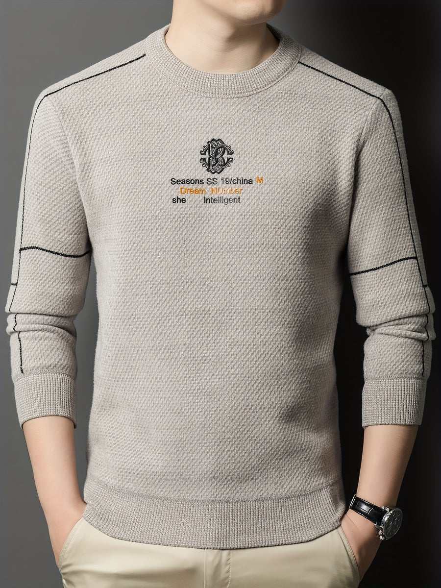 New Winter Men's Sweater, Crew Neck, Thickened and Warm, Men's Winter Clothing, Fashionable, Casual, and Comfortable Pullover Knitwear, Men's Winter -Lined Sweater, Men's Apparel with Letter Chest Logo, Winter Gift for Men - Off-white