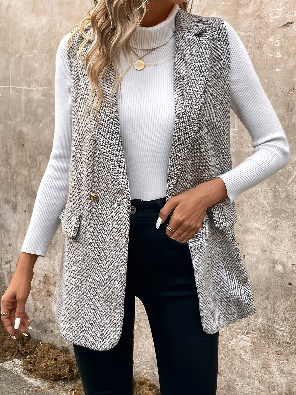 Autumn-Winter European Style Women's Solid Color Double-Breasted Lapel Sleeveless Vest Coat - Space Gray