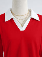 New Arrival with Atmospheric Vibe! V-neck Spliced 2-in-1 Look Polo Collar Casual Sweatshirt, Soft, Skin-Friendly, Loose Fit. Perfect for Street Strolling, Shopping, Dates, and Minimalist Commuting - A Versatile Must-Have Piece - Red And White
