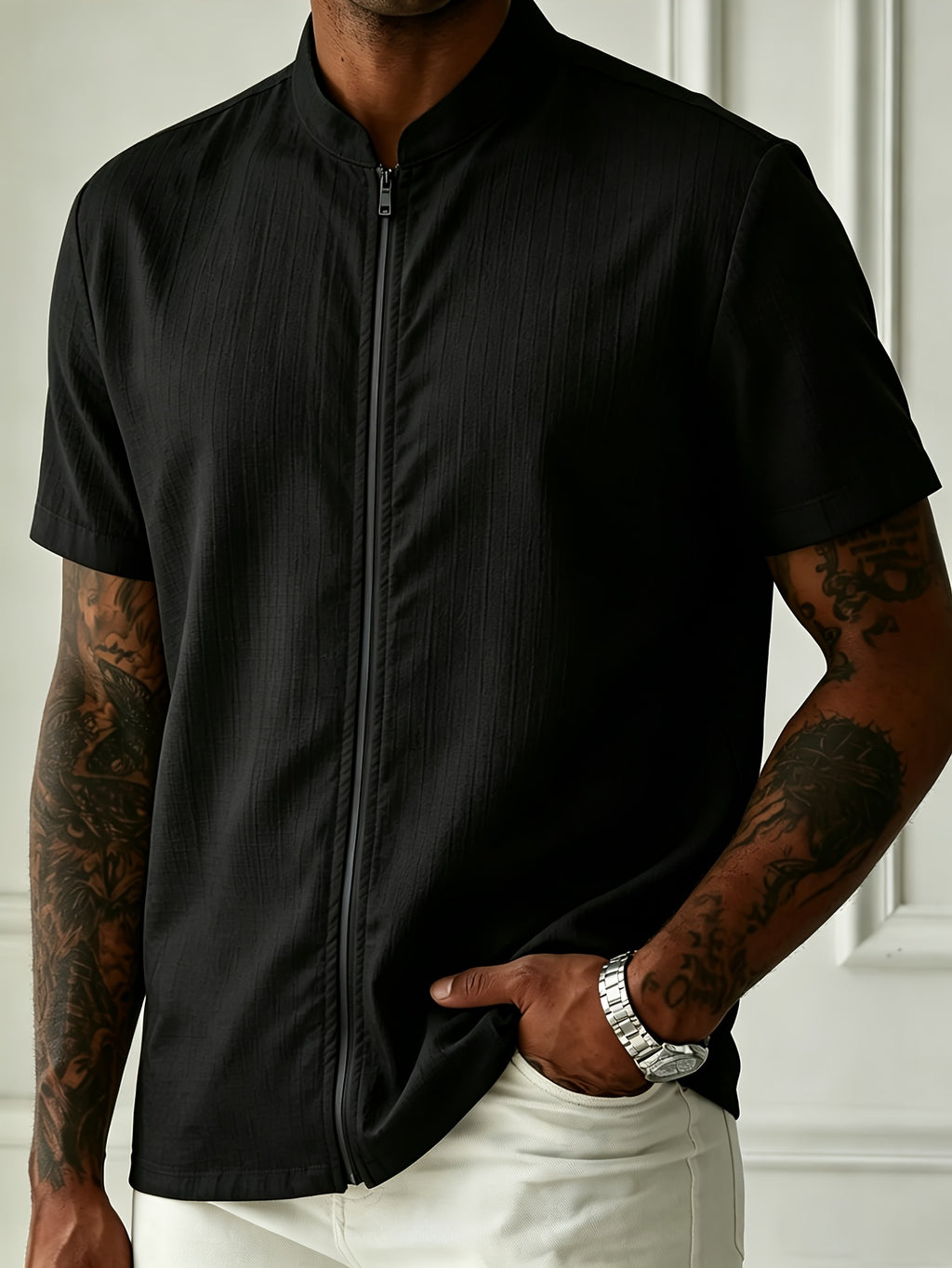 Men's Lightweight Breathable Zip-Up Stand Collar Shirt - Short-Sleeve Button-Up Beach Shirt with Zipper Front, Solid Color Suitable for Pool Parties, Casual Wear & Father's Day Gifts, Machine Washable Stand Collar Button Collar Blouse Style - Black