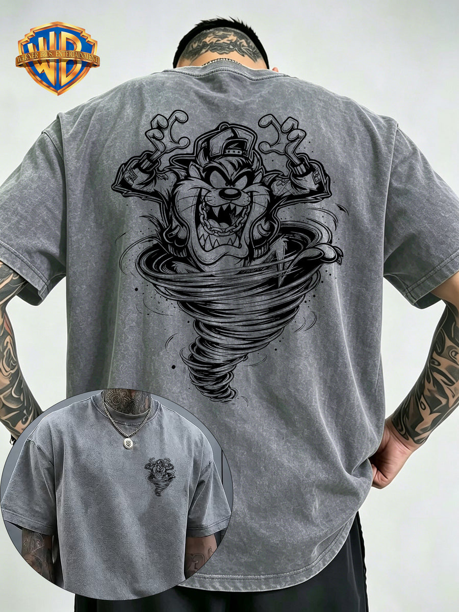 Whirlpool Mouth Monster Print Washed T-Shirt, Men'S 100% Fabric, Casual Comfortable Style, Loose Fit Breathable Short Sleeve Men'S Casual Top, Distressed Washed Loose Fit - Grey