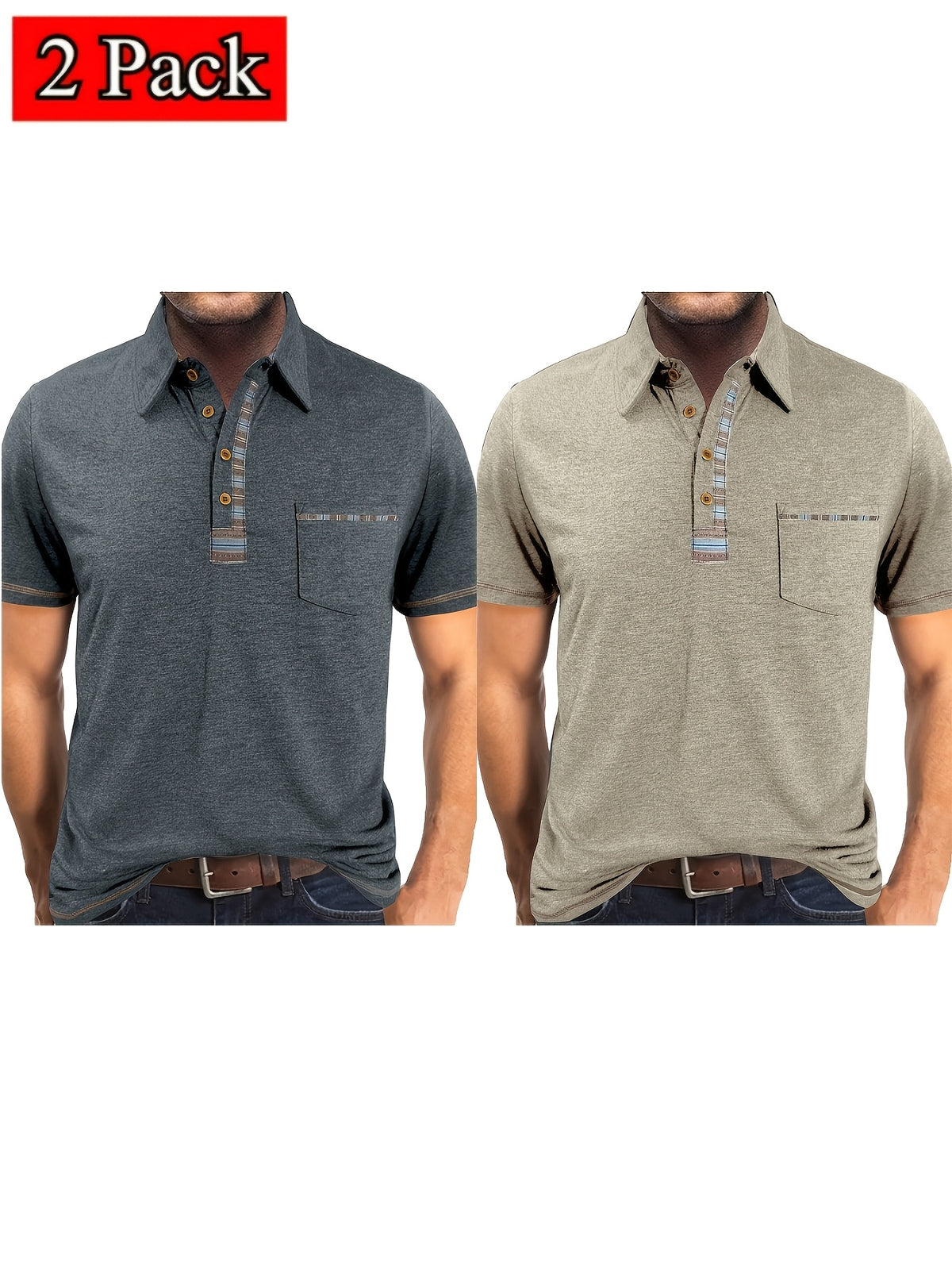 Set of 2 Men'S Short-Sleeve Polo Shirts, Casual Vintage Collared Pocket Tees, Henley Shirts - Dark Gray + Apricot