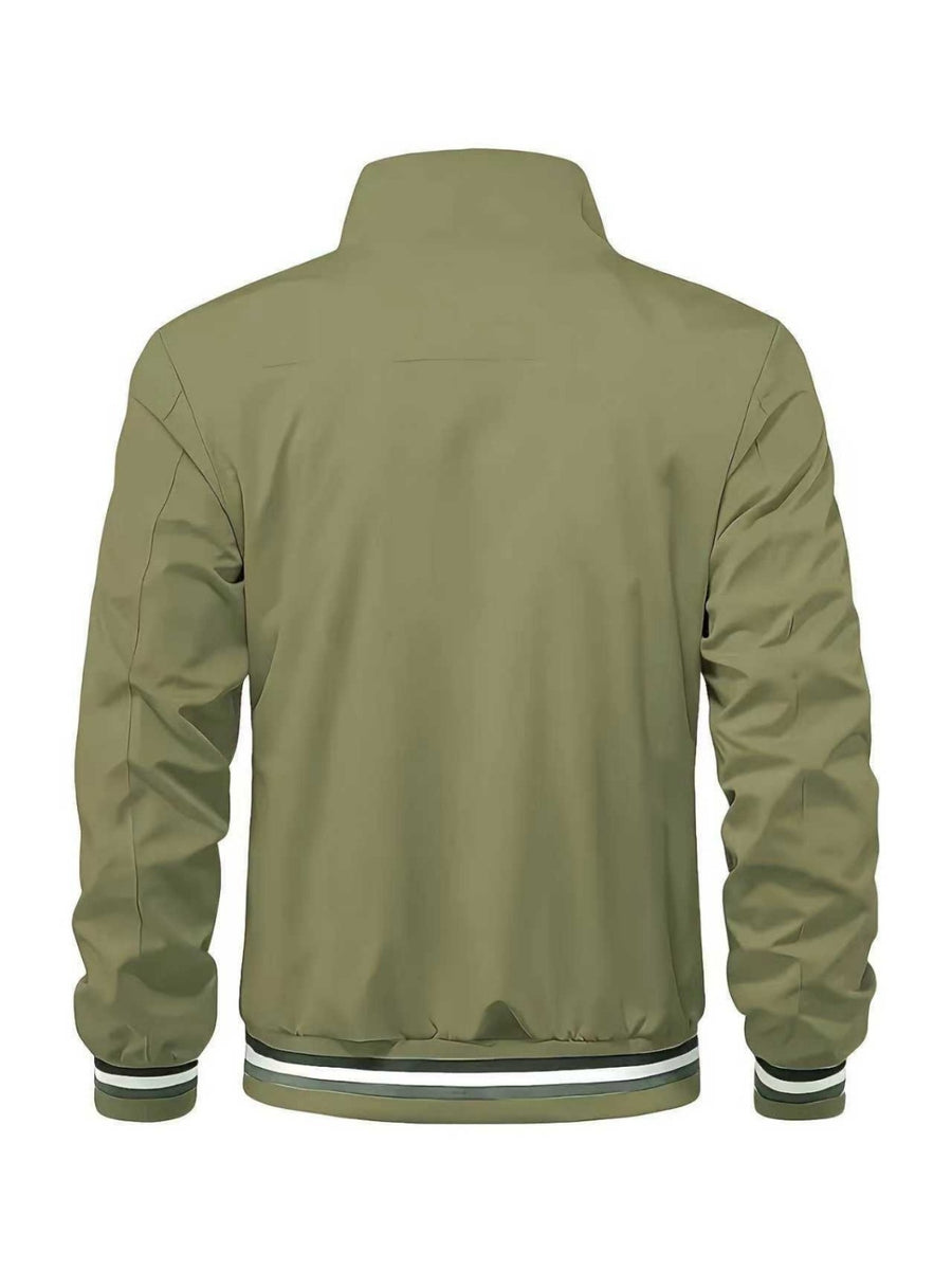 Men'S Sports Solid Color Stand-Up Collar Jacket, Color Striped Rib Hem, Lightweight And Windproof, Creative Three-Bar Totem Design Elements, Suitable for Jogging in Spring And Autumn, Daily Casual Versatile - fern green