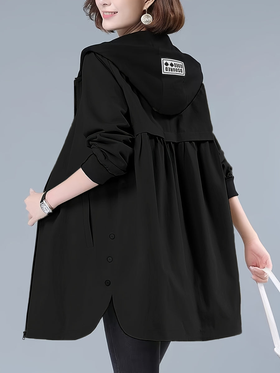 Women's Casual Hooded Jacket with Letter Print - Zip-Up, Long Sleeve, Polyester - Machine Washable - Perfect for Spring/Fall - Black