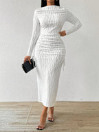 Women's Elegant Boat Neck Long Dress - Textured with Striped Pattern & Front Knot Detail, Bodycon Silhouette, Machine Washable, All-Season Formal Party Wear, Seasonal Fashion, Structured Fit - White